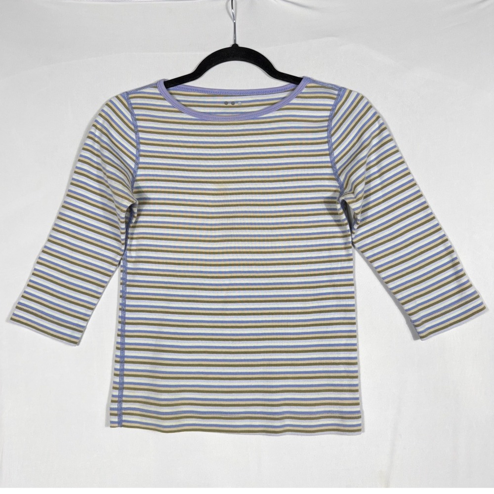 Vtg 90s Y2K Striped 3/4 Sleeve Top Lg Blue Green Knit Crewneck Shirt USA Preppy